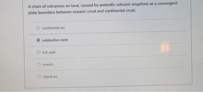 A chain of volcanoes on land, caused by andesitic volcanic eruptions at a convergent plate boundary between oceanic crust and