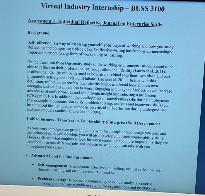 Solved Virtual Industry Internship - BUSS 3100 - Assessment | Chegg.com