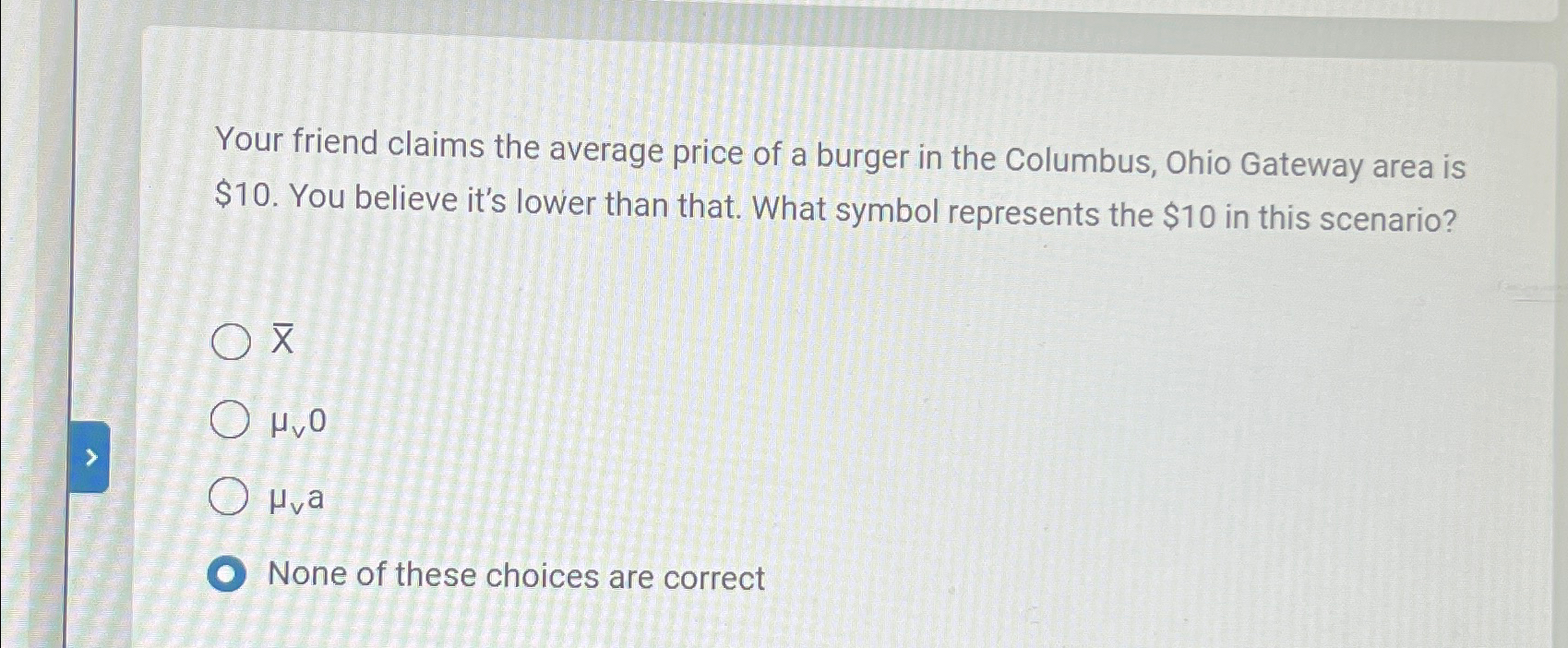 Solved Your Friend Claims The Average Price Of A Burger In | Chegg.com