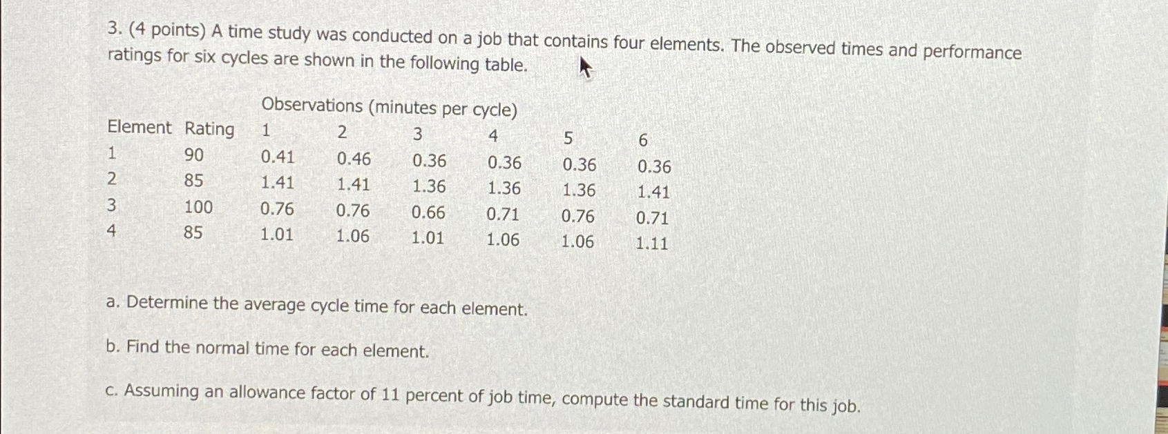 Solved (4 ﻿points) ﻿A time study was conducted on a job that | Chegg.com