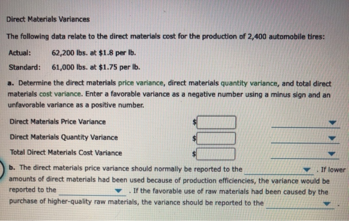 Solved Direct Materials Variances The following data relate 