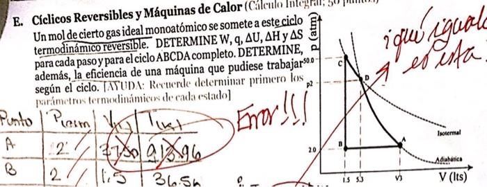 E. Cíclicos Reversibles y Máquinas de Calor Un mol de cierto gas ideal monoatómico se somete a este ciclo termodinámico rever