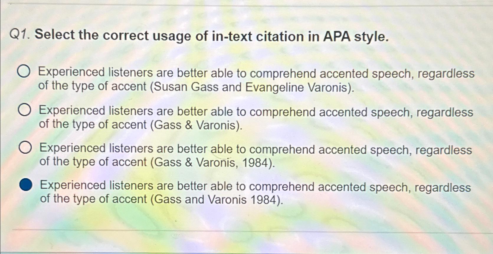 Solved Q1. ﻿Select the correct usage of intext citation in