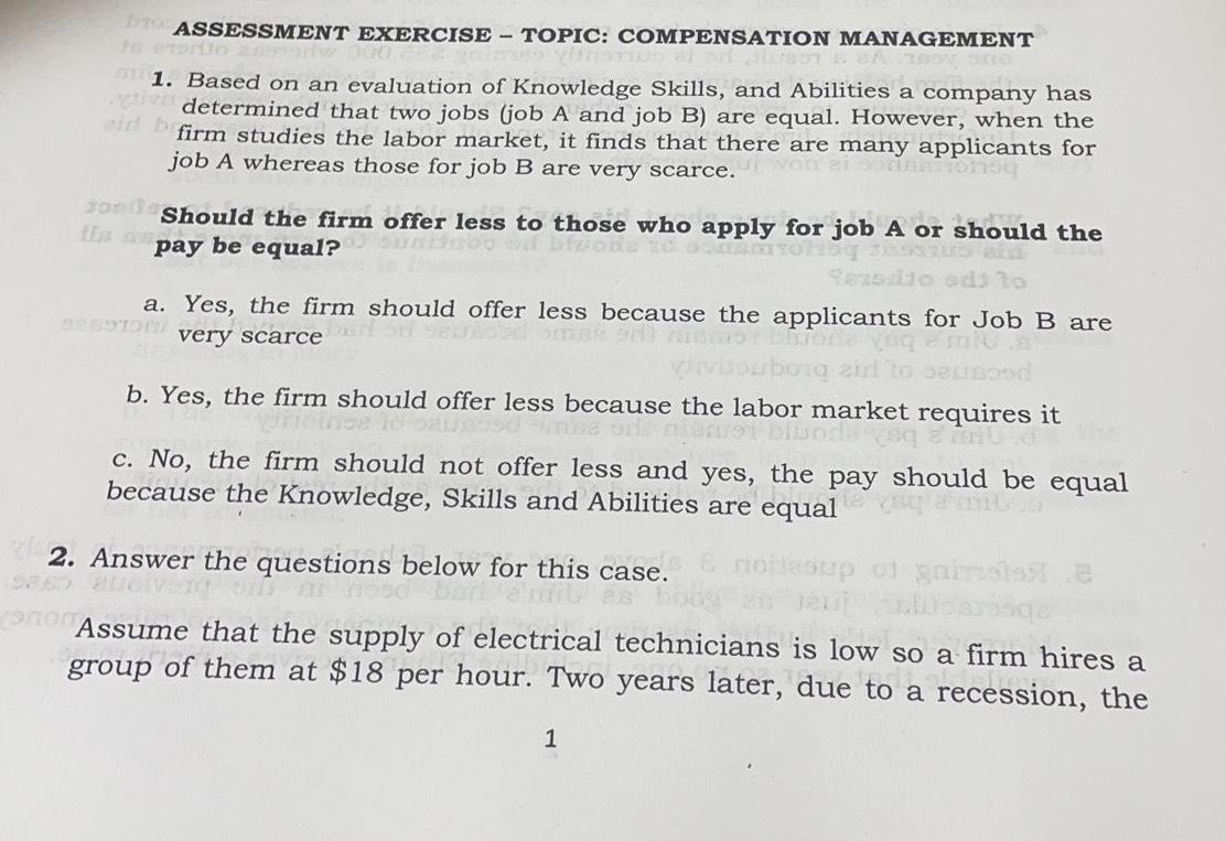 Solved ASSESSMENT EXERCISE - ﻿TOPIC: COMPENSATION | Chegg.com