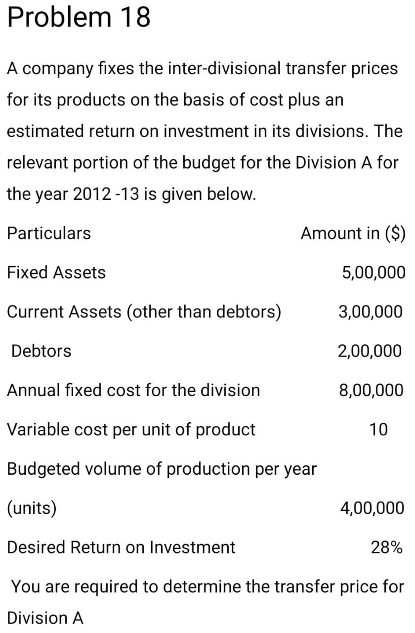 Solved Problem 18 A company fixes the inter-divisional | Chegg.com