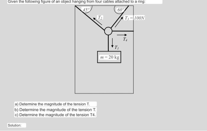 a) Determine the magnitude of the tension \( T \). b) Determine the magnitude of the tension \( T \). c) Determine the magnit