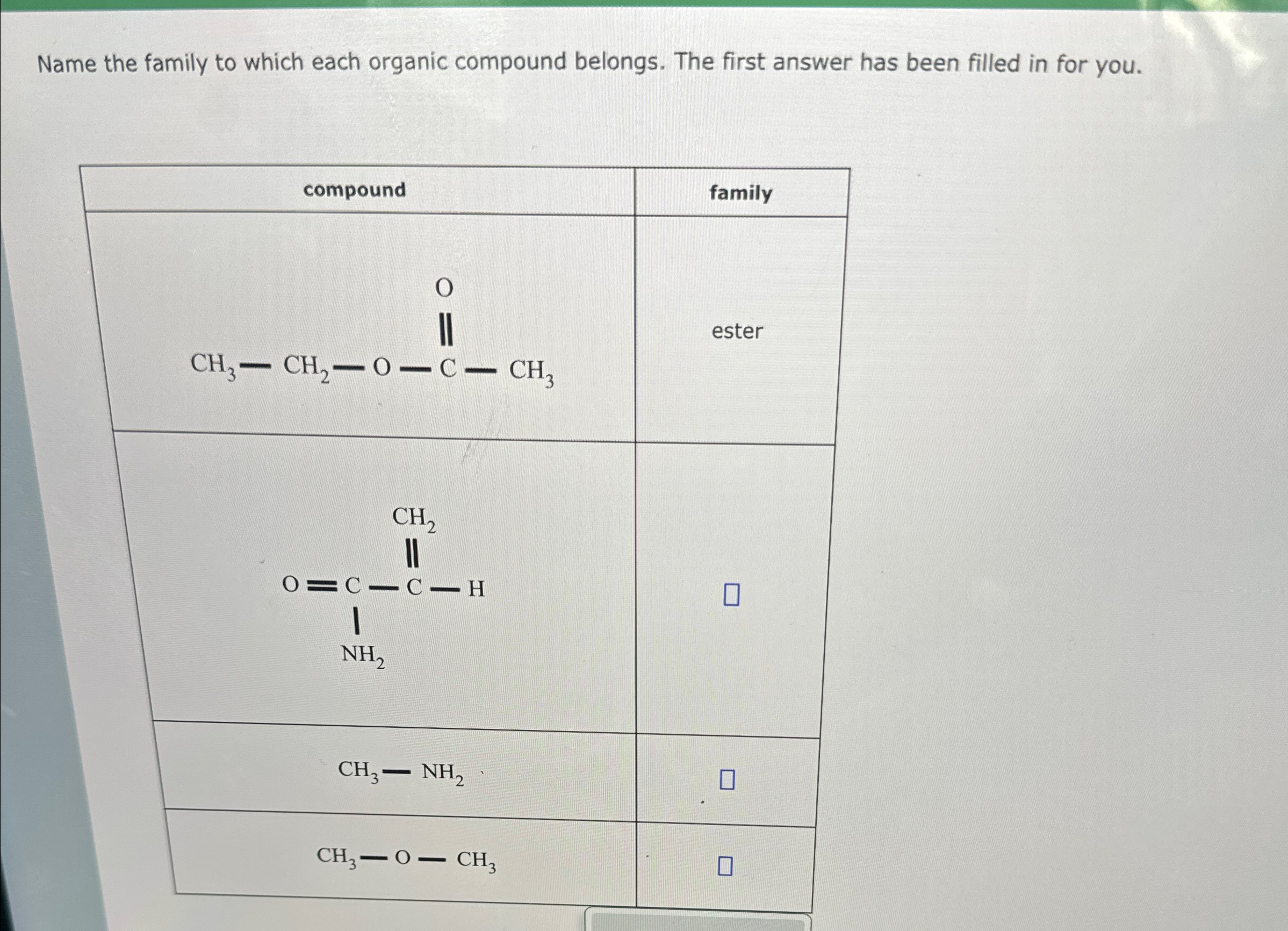 Solved Name the family to which each organic compound | Chegg.com