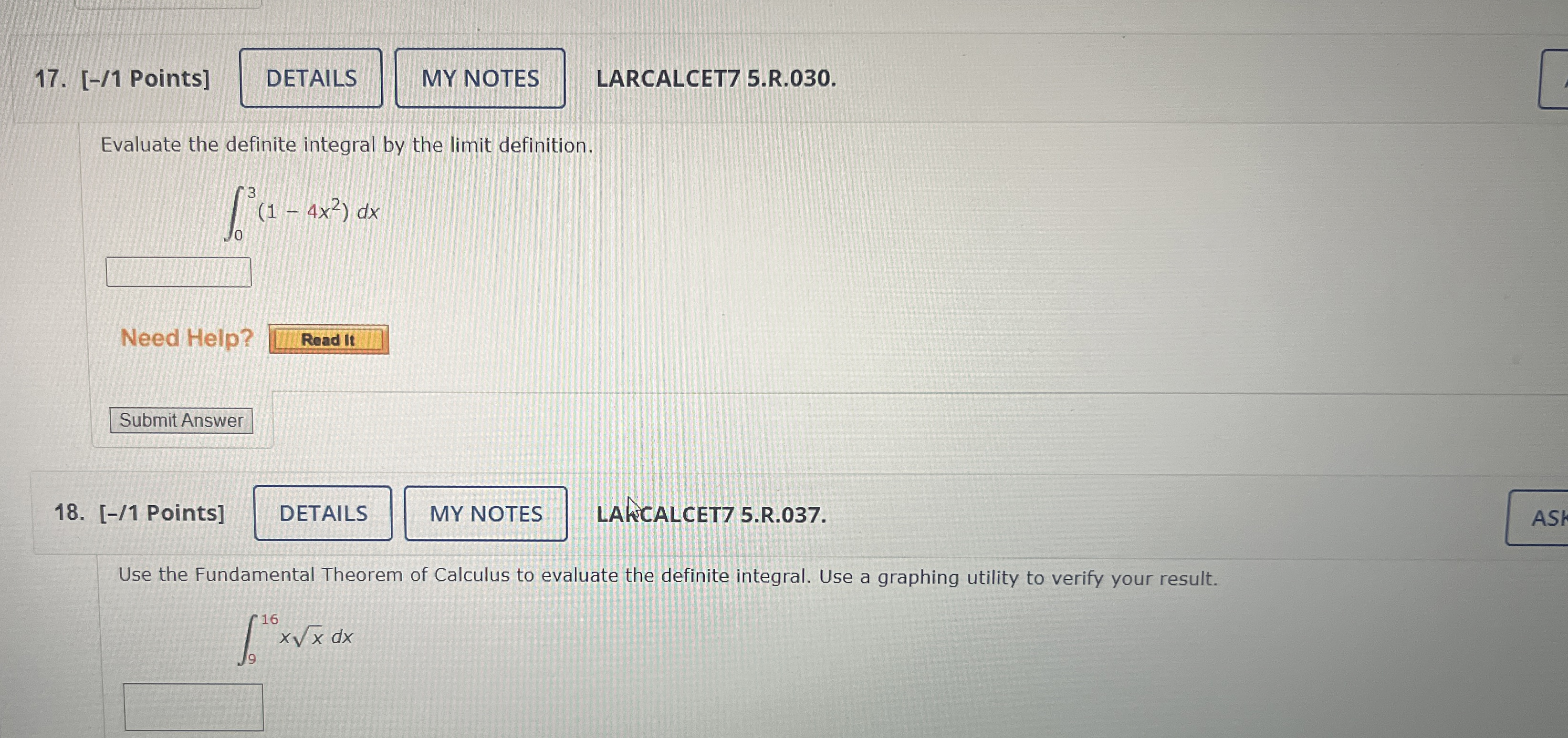 Solved [/1 ﻿Points]LARCALCET7 5.R. 03017)Evaluate the