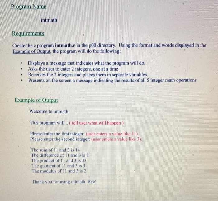 Solved Program Name intmath Requirements Create the c | Chegg.com
