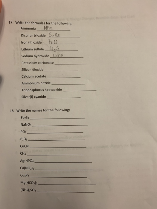 Solved 17. Write the formulas for the following: Ammonia_NH3 | Chegg.com