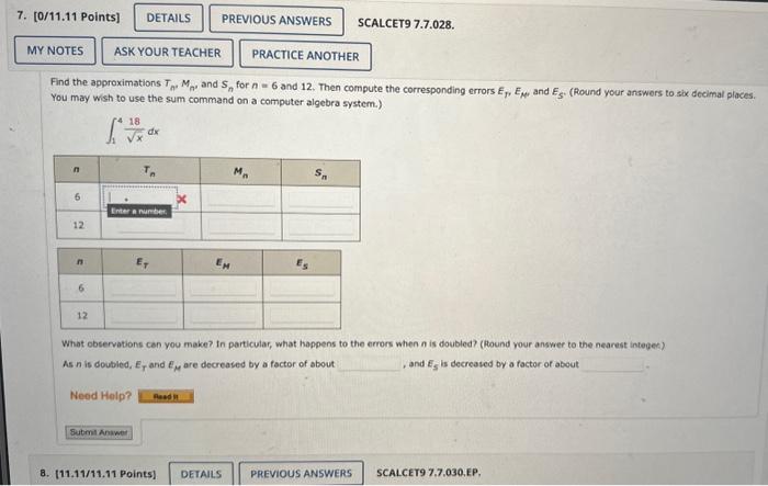 Solved Find the approximations Tn,Mn, and Sn for n=6 and 12. | Chegg.com