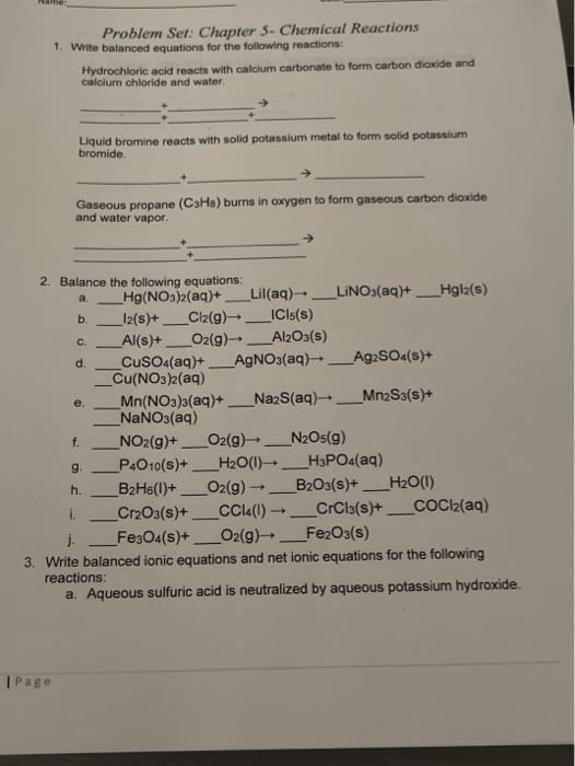 Solved Problem Set: Chapter 5- Chemical Reactions 1. Write | Chegg.com