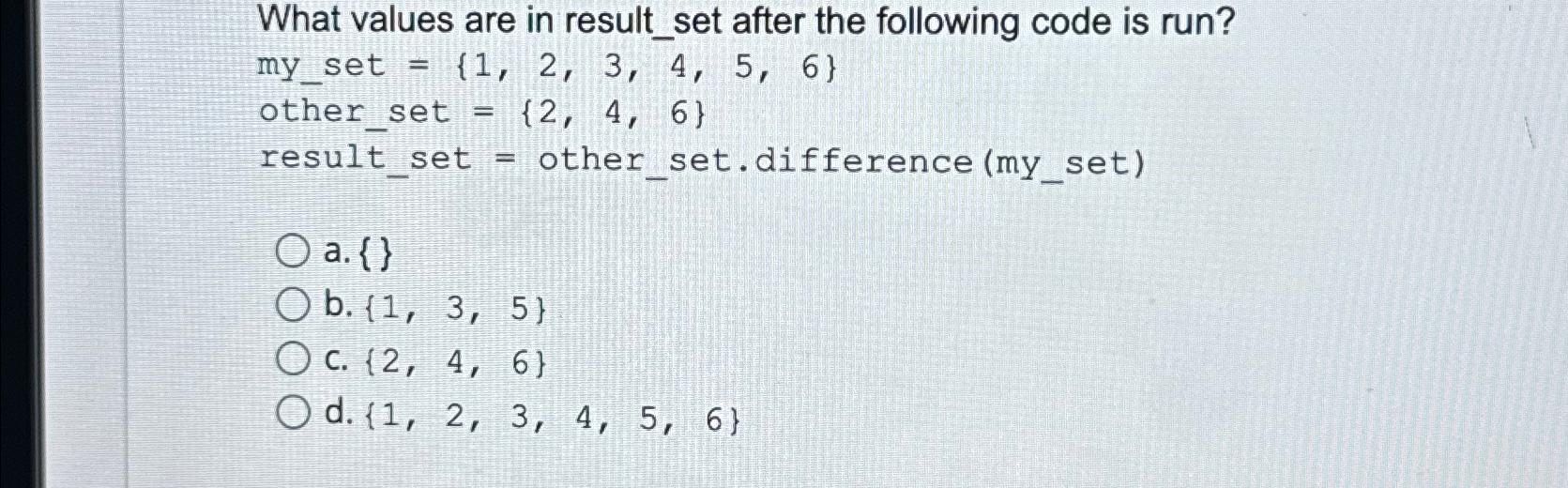 Solved What values are in result_set after the following | Chegg.com