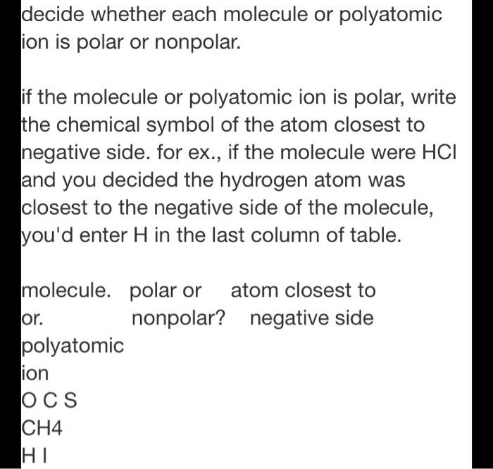 Solved Decide Whether Each Molecule Or Polyatomic Ion Is Chegg Com