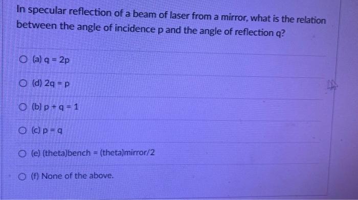 Solved In specular reflection of a beam of laser from a | Chegg.com
