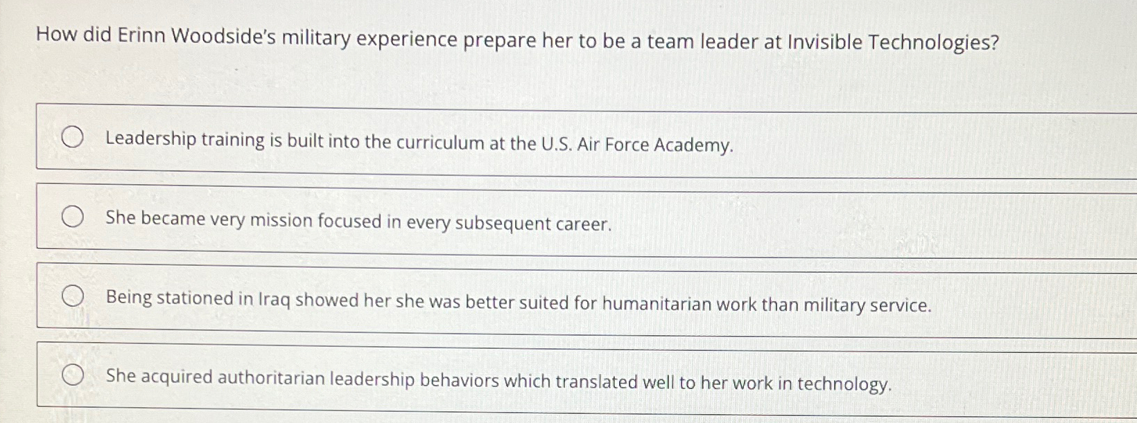 Solved How did Erinn Woodside's military experience prepare | Chegg.com