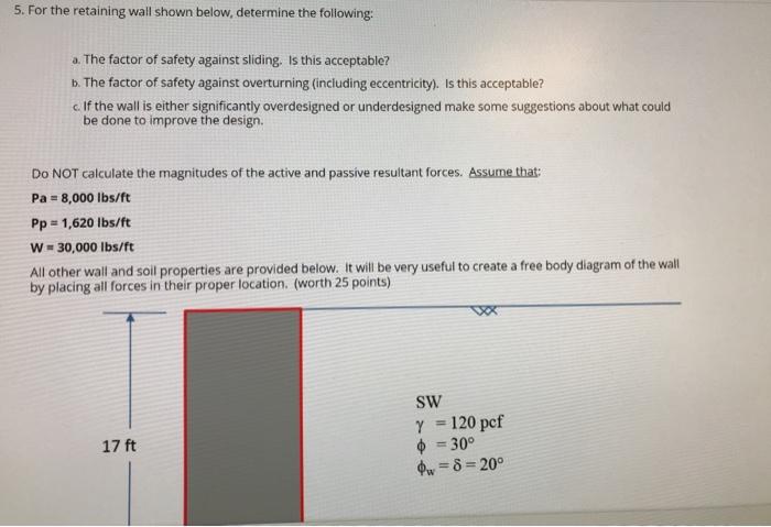 Solved 5. For the retaining wall shown below, determine the | Chegg.com