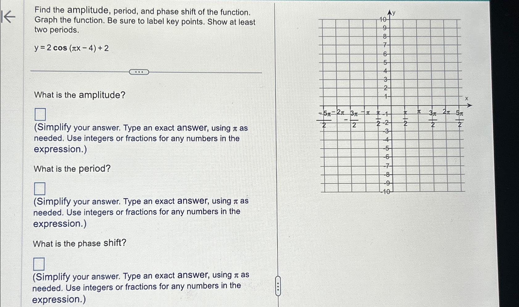 Solved Find the amplitude, period, and phase shift of the | Chegg.com