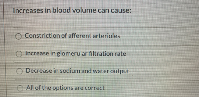 Solved Increases in blood volume can cause: O Constriction | Chegg.com