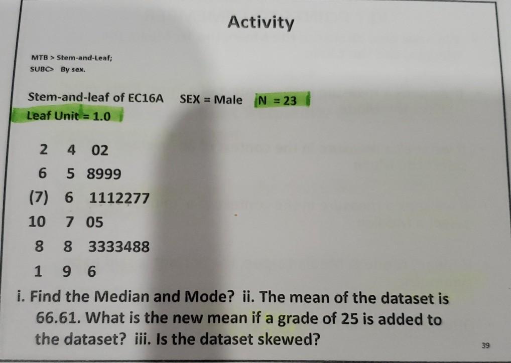 Solved Activity MTB u003e Stem-and-Leaf; SUBO By sex.  Chegg.com