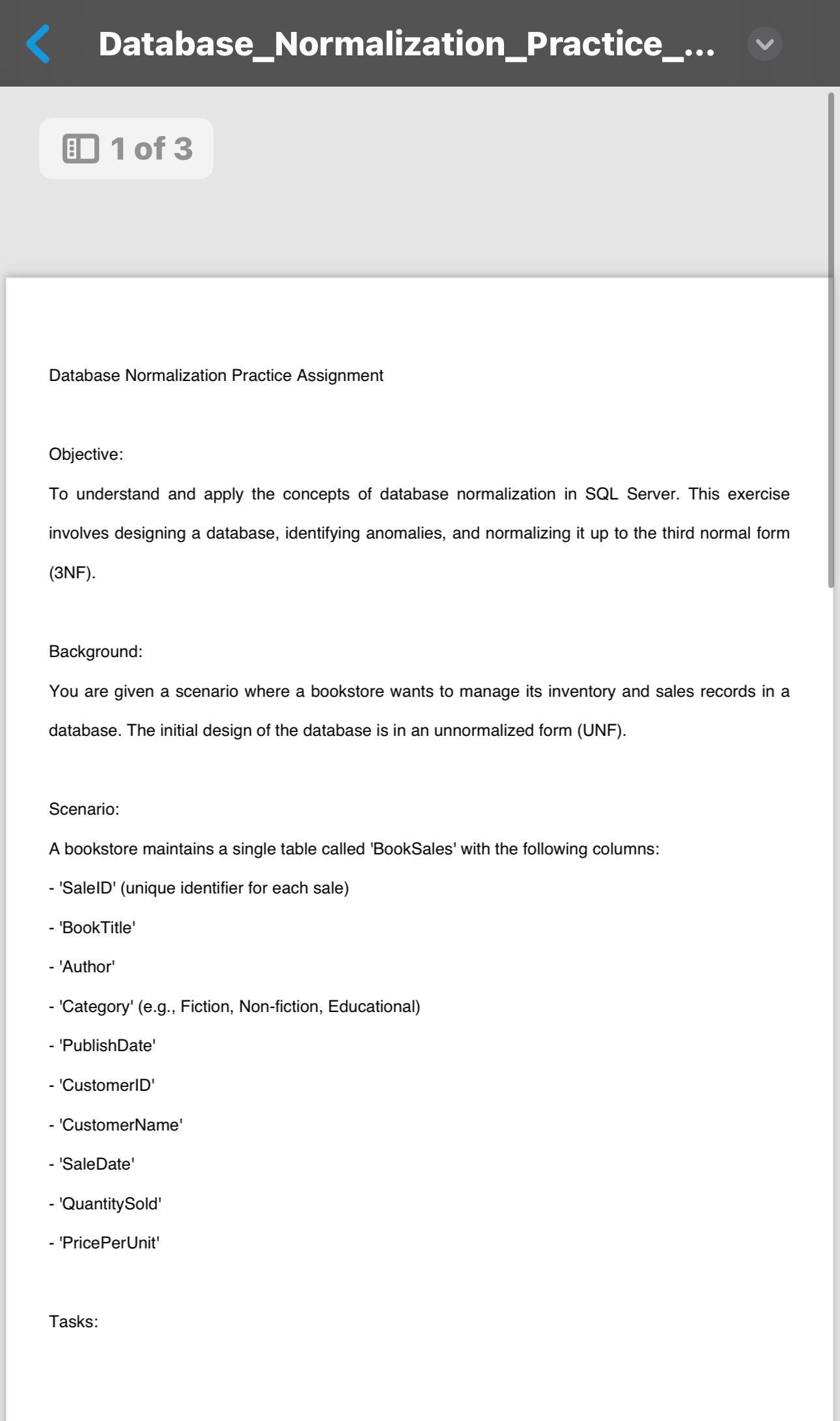 Solved Database_Normalization_Practice_...目 1 ﻿of 3Database | Chegg.com