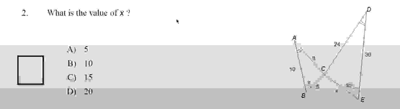 Solved What is the value of x ?A) 5B) 10C) 15D) 20 | Chegg.com