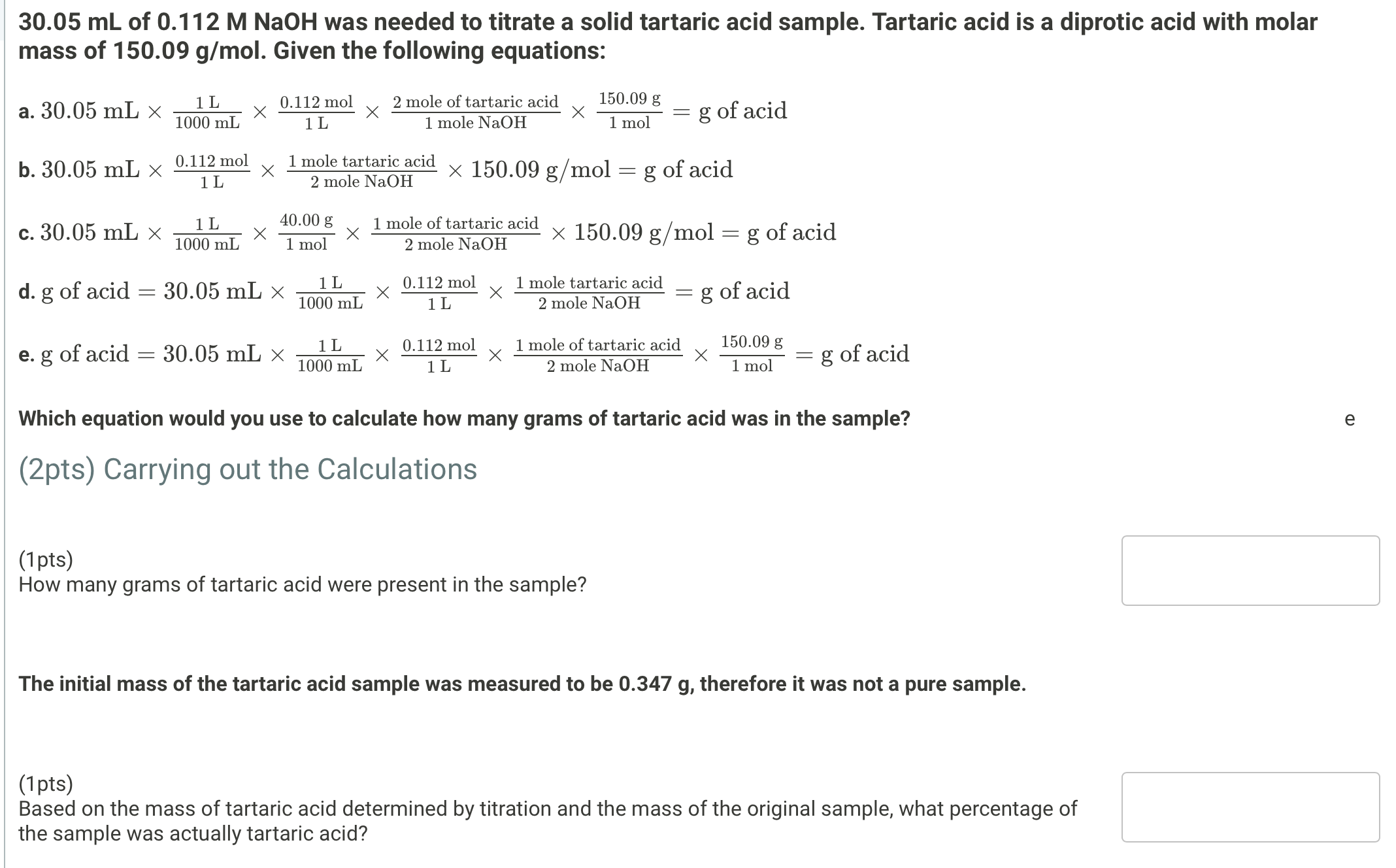 Solved 30.05mL ﻿of 0.112MNaOH was needed to titrate a solid | Chegg.com