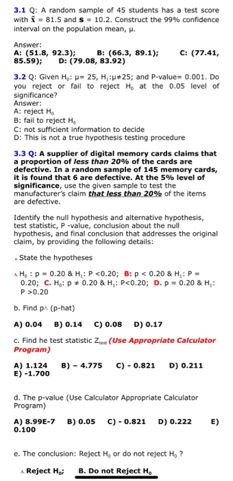 Solved 3.1 Q: A random sample of 45 students has a test | Chegg.com