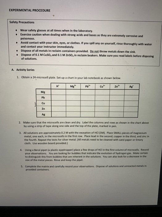 Precaution Step Experiment Example EXPERIMENTAL PROCEDURE Safety Precautions • Wear | Chegg.com