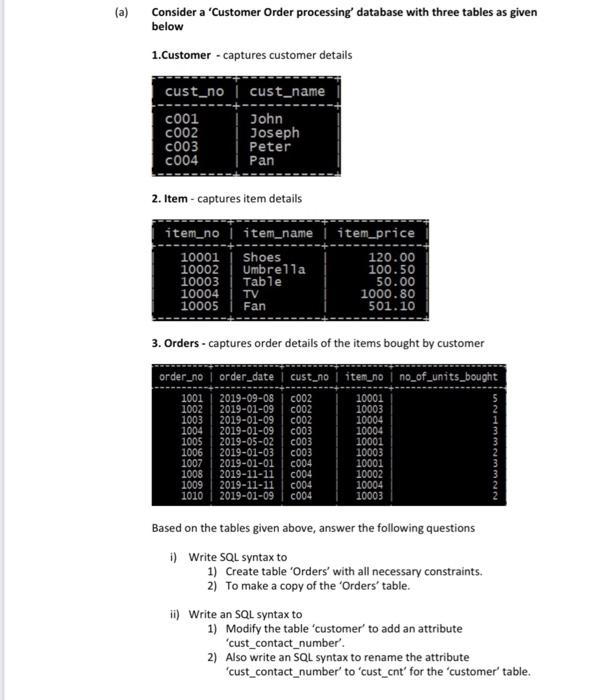 Solved (a) Consider a 'Customer Order processing' database | Chegg.com