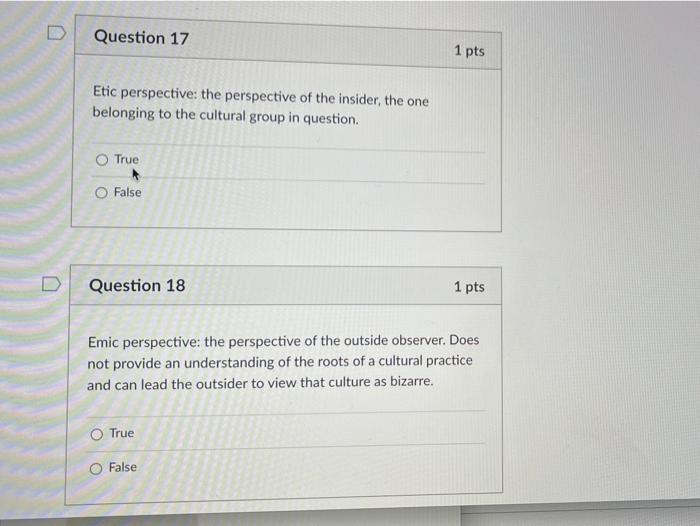 Solved D Question 17 1 pts Etic perspective: the perspective | Chegg.com