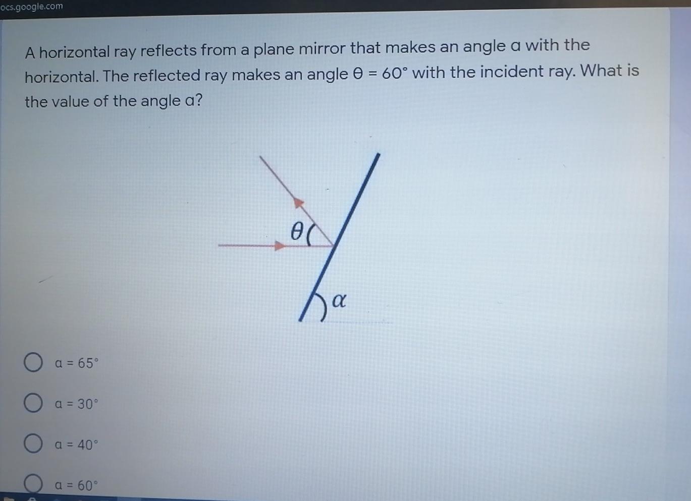 Solved ocs.google.com A horizontal ray reflects from a plane | Chegg.com