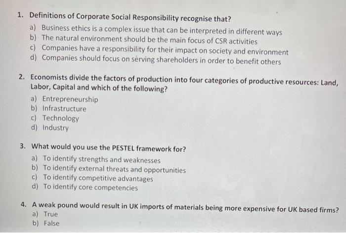 Solved 1. Definitions Of Corporate Social Responsibility | Chegg.com