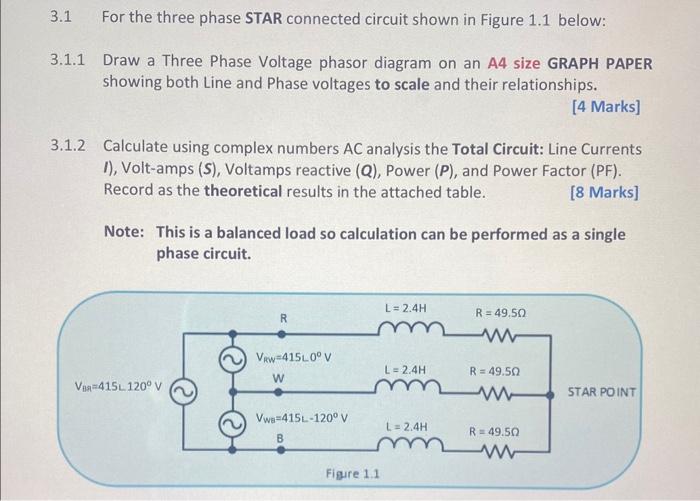 Solved 3.1 For the three phase STAR connected circuit shown | Chegg.com