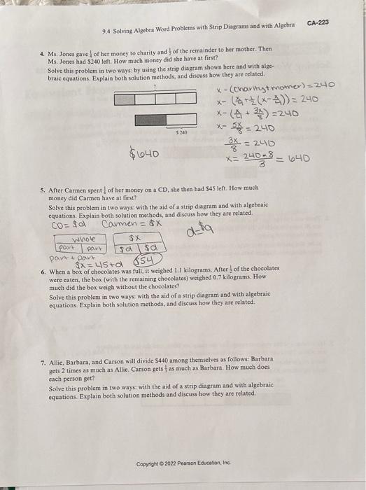 Solved Solving Word Problems with Strip Diagrams and with | Chegg.com