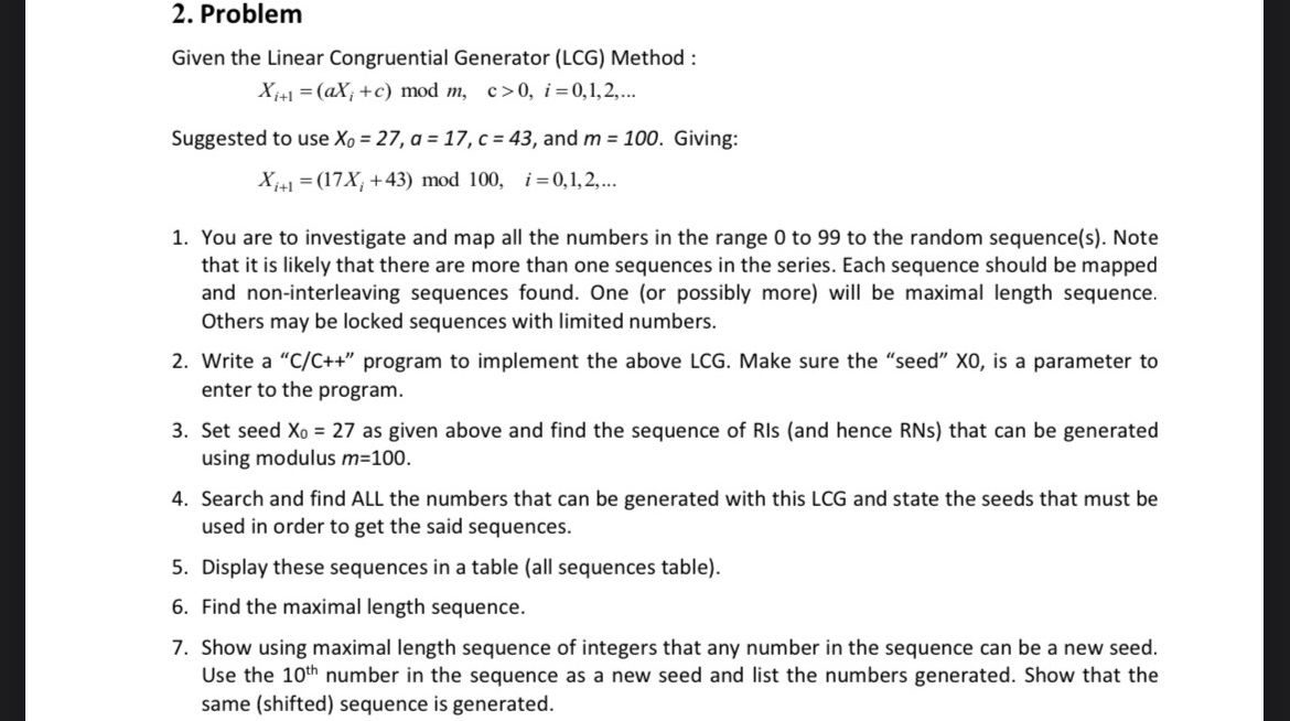 Solved ProblemGiven The Linear Congruential Generator (LCG) | Chegg.com