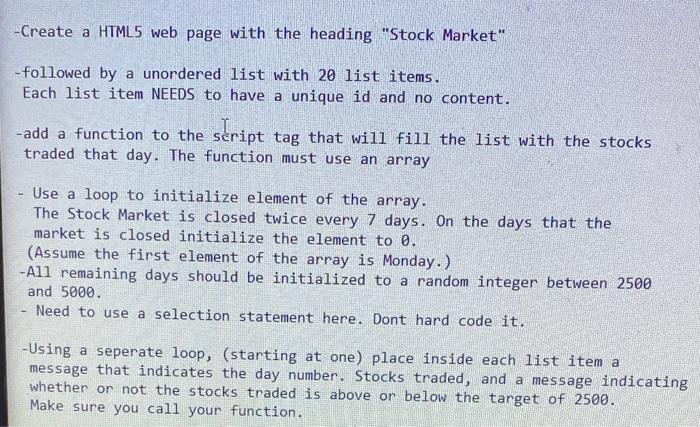 Solved -Create a HTML5 web page with the heading "Stock | Chegg.com