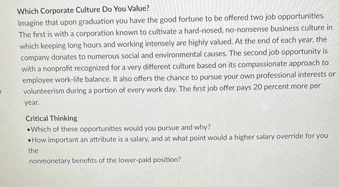 Solved Which Corporate Culture Do You Value? Imagine that | Chegg.com