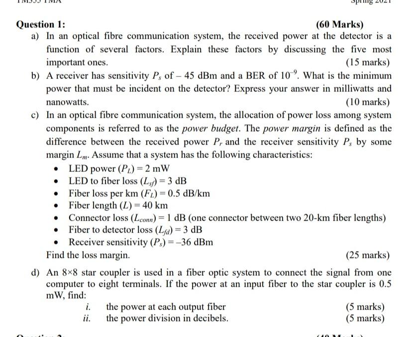 Solved Question 1: (60 Marks) a) In an optical fibre | Chegg.com
