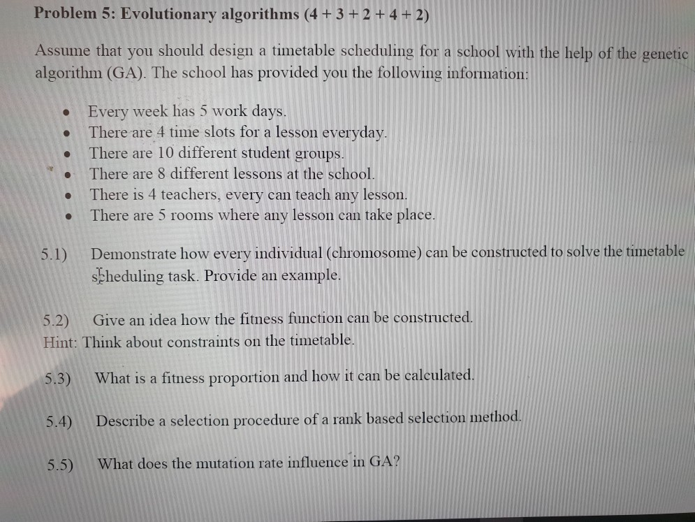 Problem 5: Evolutionary algorithms (4 + 3 + 2 + 4 + | Chegg.com