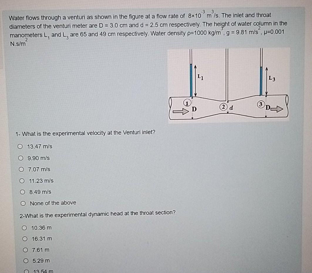 Solved Water flows through a venturi as shown in the figure | Chegg.com