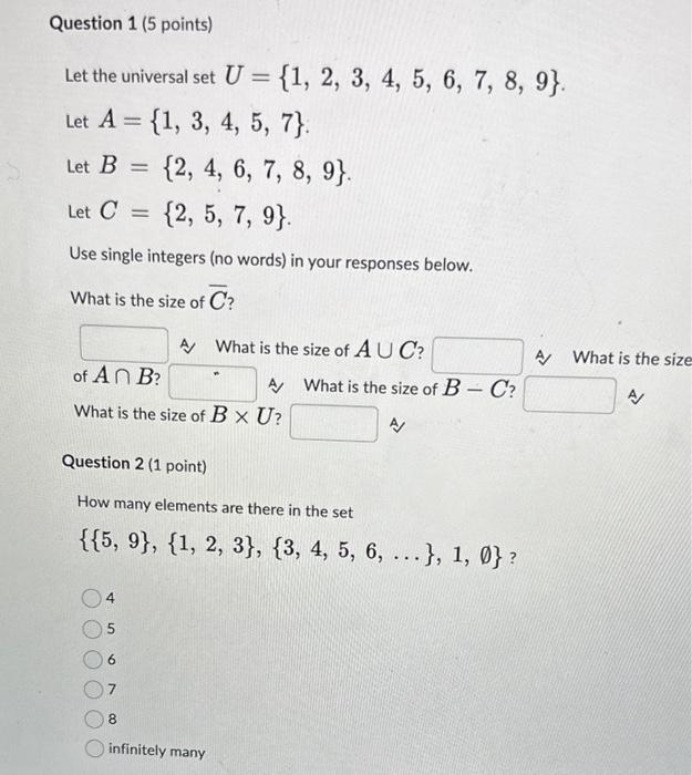 Solved Let The Universal Set U={1,2,3,4,5,6,7,8,9}. Let | Chegg.com