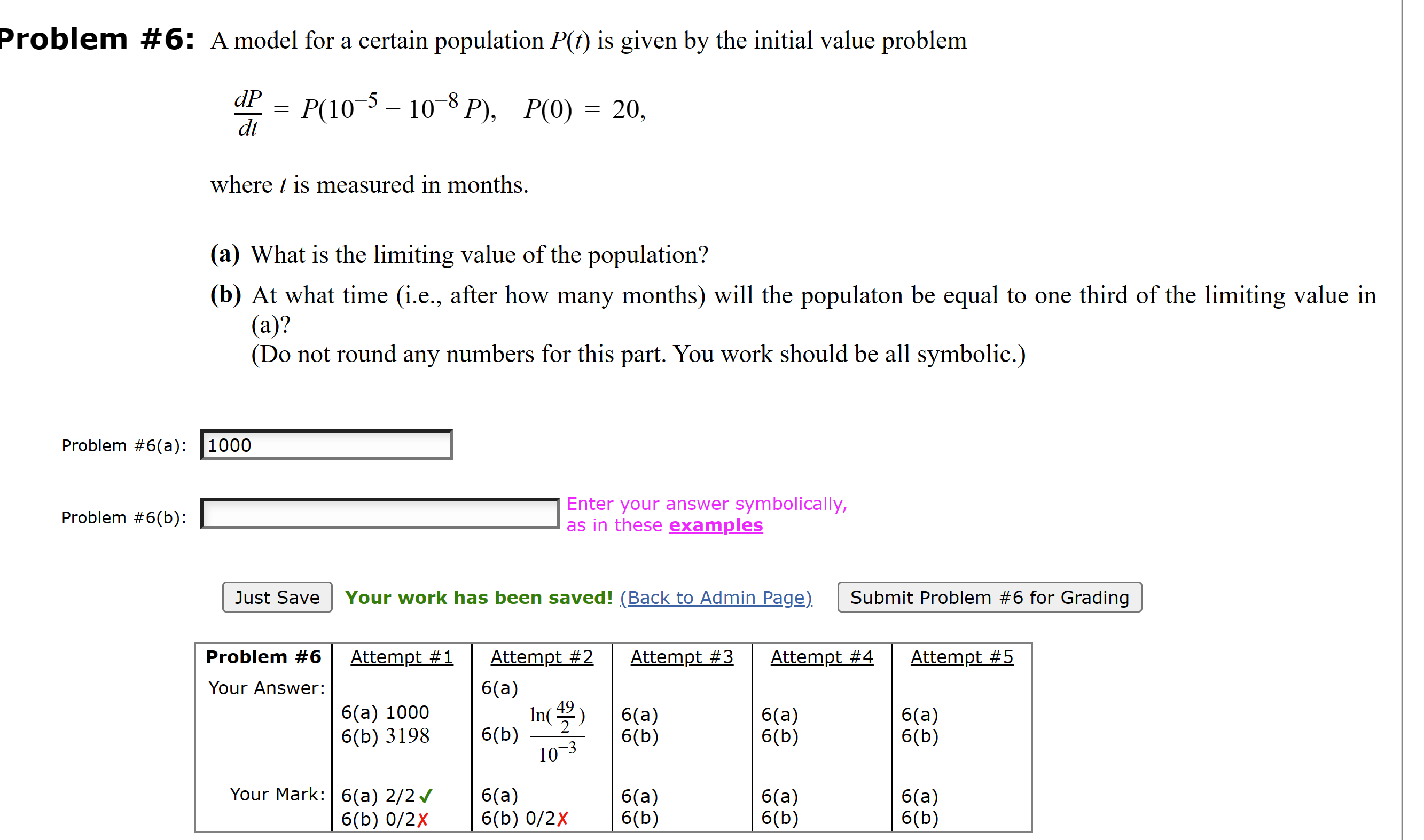 Solved Problem #6: A model for a certain population P(t) ﻿is | Chegg.com