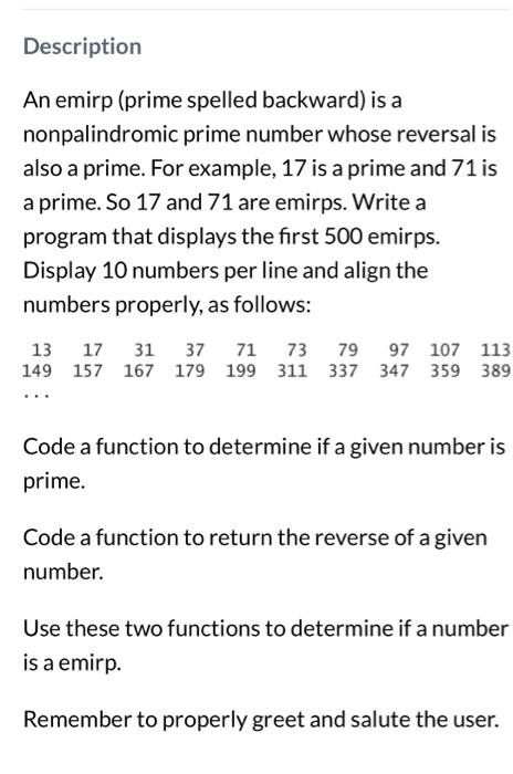 Solved IN C++ PLEASE An emirp (prime spelled backward) is | Chegg.com