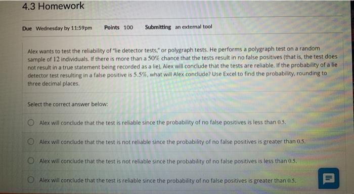 Solved 4.3 Homework Due Wednesday by 11:59pm Points 100 | Chegg.com