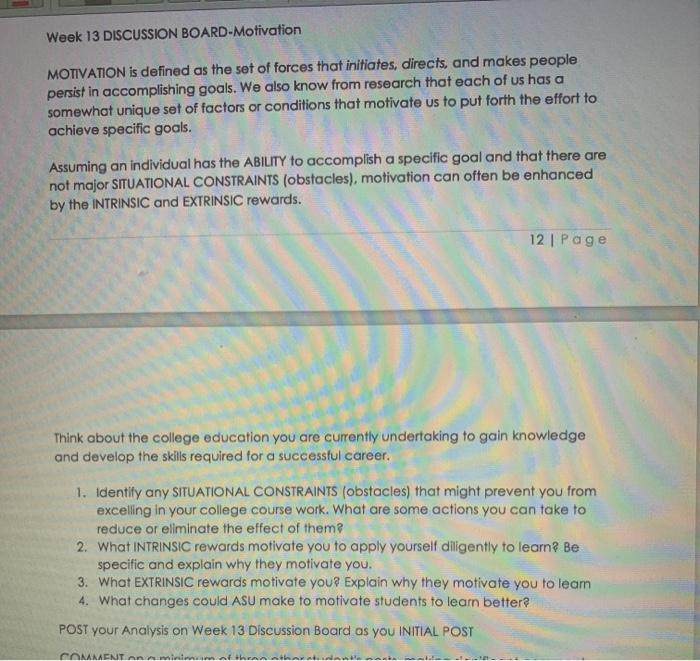 Solved Week 13 DISCUSSION BOARD-Motivation MOTIVATION is | Chegg.com