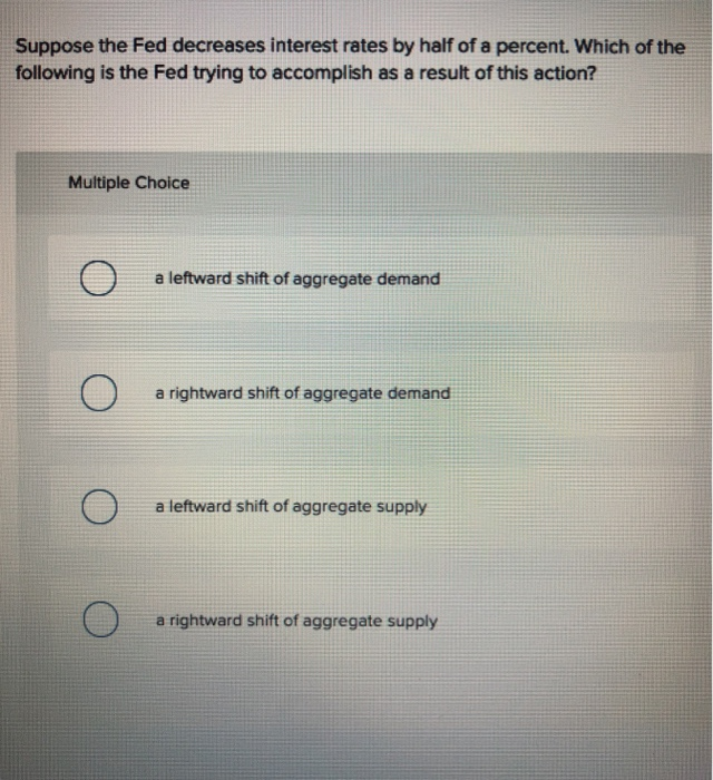 Solved Suppose the Fed decreases interest rates by half of a | Chegg.com