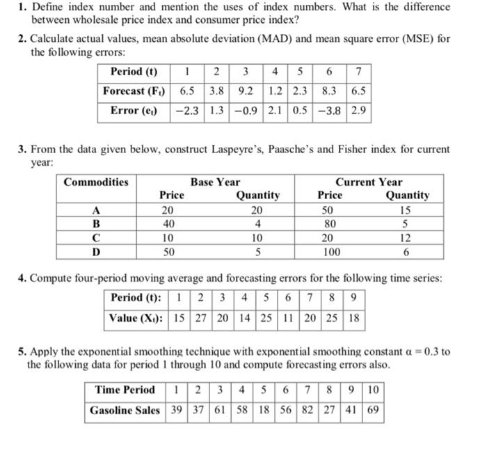 Solved 1. Define index number and mention the uses of index