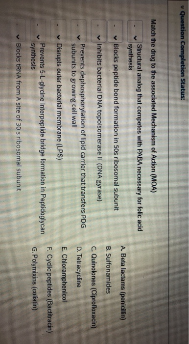 Solved Question Completion Status: Match the drug to the | Chegg.com