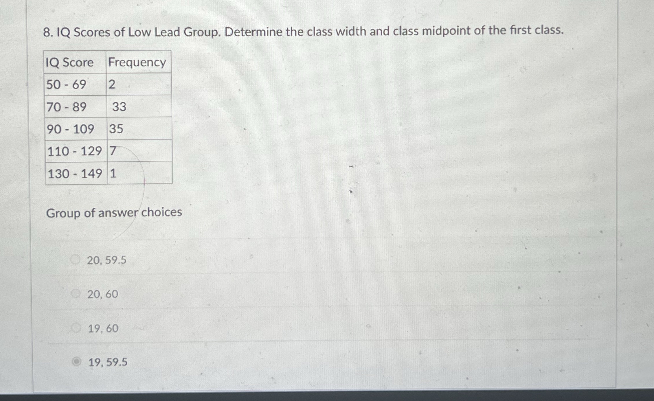 IQ Scores of Low Lead Group. Determine the class | Chegg.com
